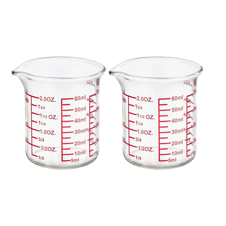 2 Pack 2 oz Glass Measuring Cups with V-Shaped Spout, 5–60 ml Mini Measuring Cups with oz, tsp, tbsp & Cup Markings for Kitchen & Bar Prep