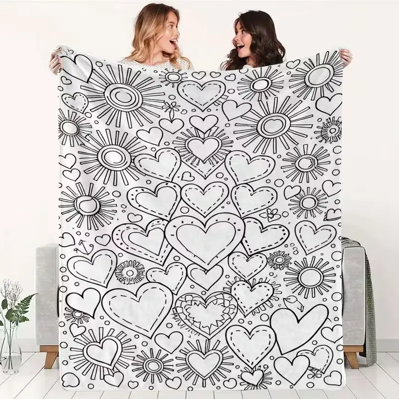 Flannel Color-Blocking Art Pattern Blanket with Black And White Line Drawing of Hearts And Suns, Creative Cover Blanket That Can Be Colored by Yourself, Suitable for Various Settings, Ideal for Home Air-Conditioned Rooms, Warm Nap Blanket, Portable