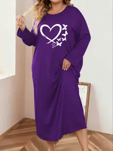 Women's Fall Winter Plus Size Sleepwear, Cartoon Heart Print Comfortable Casual Loungewear, Loose Fit Home Clothing, Sleepwear Homewear Clothes