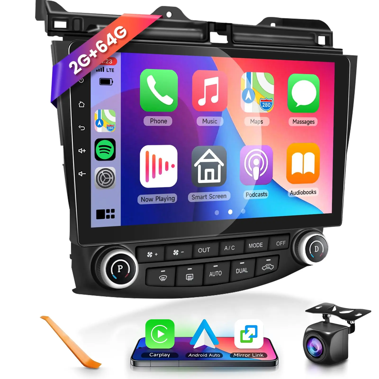 10.1in Car Video Player with 2GB RAM 2+64G Android for Honda Accord 7th Gen (2003-2007) - Wireless CarPlay/Android Auto, Touchscreen, GPS Navigation, WiFi, Bluetooth, FM/RDS, Mirror Link, SWC, Backup Camera Support