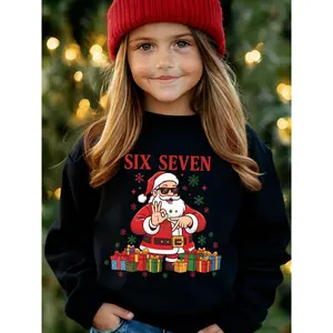 Girls' Christmas Fashion Fleece Sweatshirt | "Six Seven" Santa with Glasses and "67" Gesture, Gift Boxes Print, Casual Long Sleeve Crew Neck Pullover WY7335