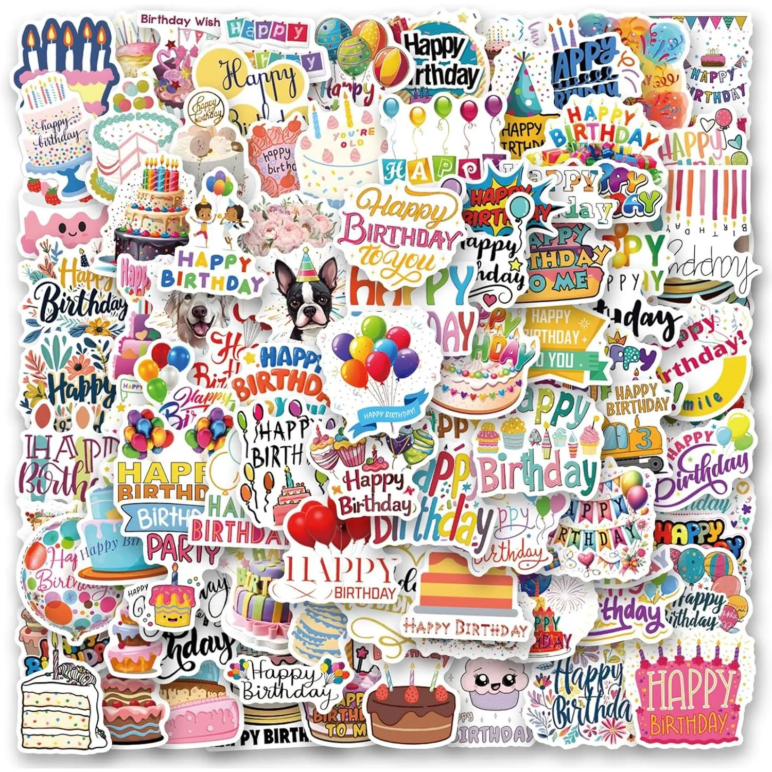 110 Happy Birthday Stickers, Kawaii Stickers Pack, Cute Stickers, Birthday Party Supplies, Vinyl Waterproof Stickers for Water Bottles Cell Phones Guitars Laptops, Gifts for Girls Kids Teens Adults