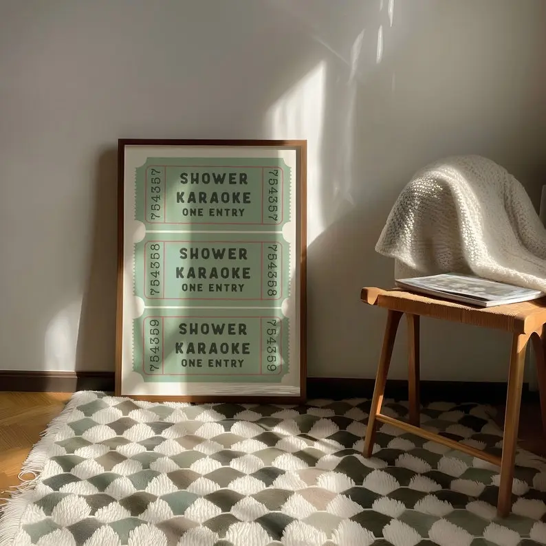[Sale Up To 50%][No frame, Free Ship] Shower Karaoke Ticket Print Poster Green Bathroom Retro Cream Aesthetic Shower Singing Funny Wall Art Vintage Trendy Home Decor Physical Print