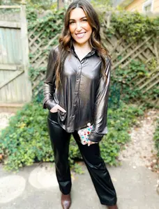 Midnight halo holographic button up blouse