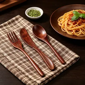 12Pcs Wooden Spoon Fork Knife Set – Natural Wood Flatware Cutlery for Eating, Kitchen Dinner & Tableware. #summervibes