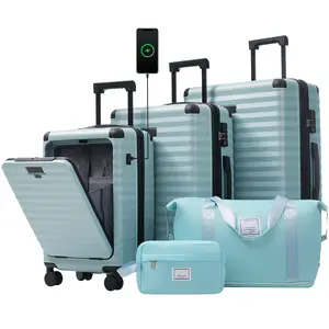 5-piece front opening ABS hard luggage set, 20/24/28 inches complete set, equipped with silent rotating universal wheels, TSA customs lock, external USB charging port and cup holder design, matched with same color travel bag and wash bag