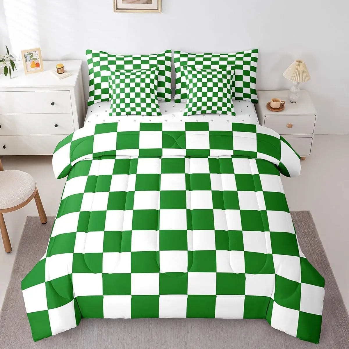 Feelyou 7-Piece Checkered Retro Bedding Set - Green White Plaid Comforter with Sheets, Geometric Simple Groovy Aesthetic Bed-in-A-Bag, Bedroom Bedding Set for Teens, Bedsheet Sets
