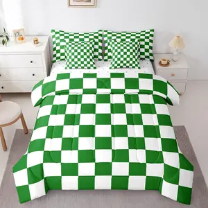 Feelyou 7-Piece Checkered Retro Bedding Set - Green White Plaid Comforter with Sheets, Geometric Simple Groovy Aesthetic Bed-in-A-Bag, Bedroom Bedding Set for Teens, Bedsheet Sets