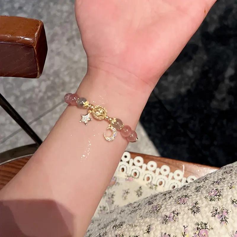 Fashion Strawberry Crystal Beaded Bracelet Friendship Bracelet for Girls Star Moon Pendant Jewelry
