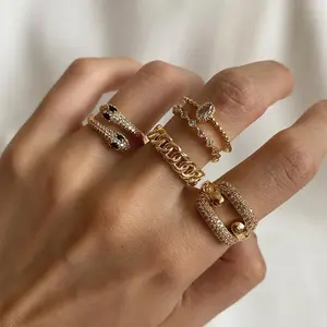 Women's 5Pcs Gold Stacking Rings Set - Chunky Crystal Pave, Snake Buckle, Solitaire, Cuban Link Statement Midi Rings Joint Band Collection