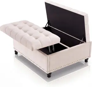 36" Large Square Storage Ottoman with Lift Top, 300 LBS Tufted Upholstered Ottoman Coffee Table Bench with Sturdy Wood Legs, Multi-Functional Footrest Storage Box for Living Room and Bedroom