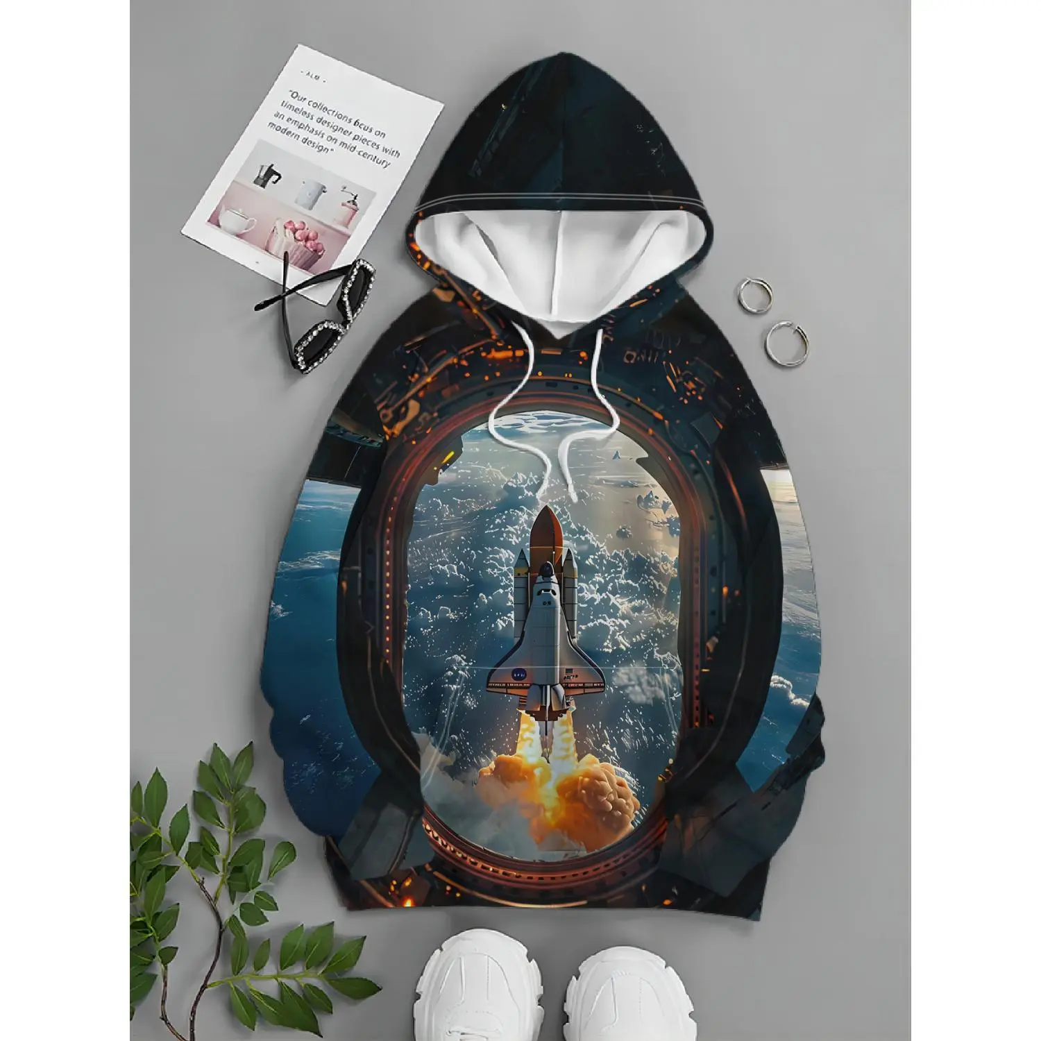 Men's Space Shuttle Graphic Hoodie with Pockets, Machine Washable, Perfect for Everyday Wear