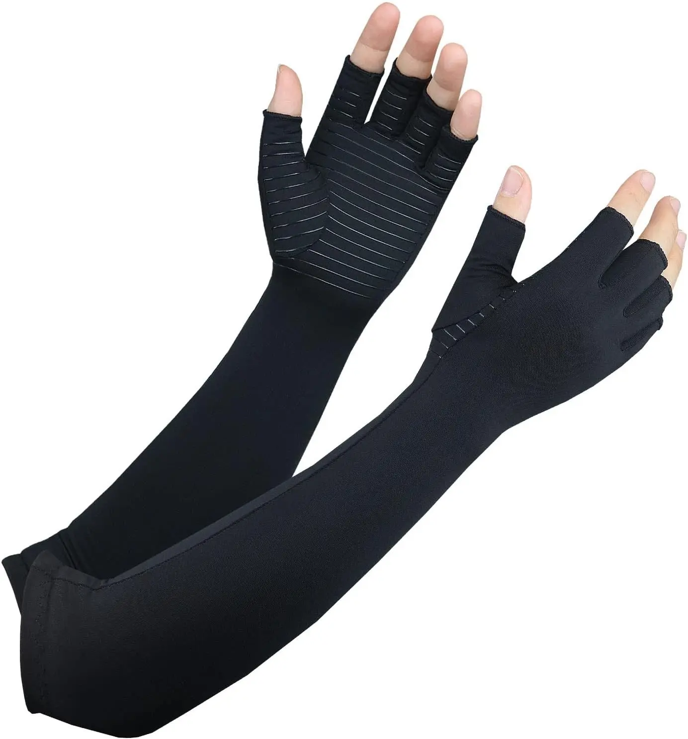 Copper Long Arthritis Gloves,Long Wrist Compression Arm Sleeve Carpal Tunnel Gloves, Fingerless Hand Compression Gloves for Men Women Computer Typing, RSI, Support Hands Wrist &Arms - 1 PAIR (Small)