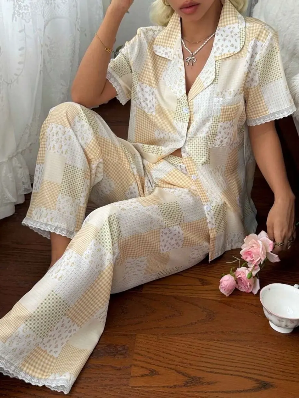 CottageSlumber Vintage Patchwork Floral Plaid Pajama Set | Lace Trimmed Short Sleeve Button-Down Top & Long Pants 2PC | Cottagecore Loungewear
