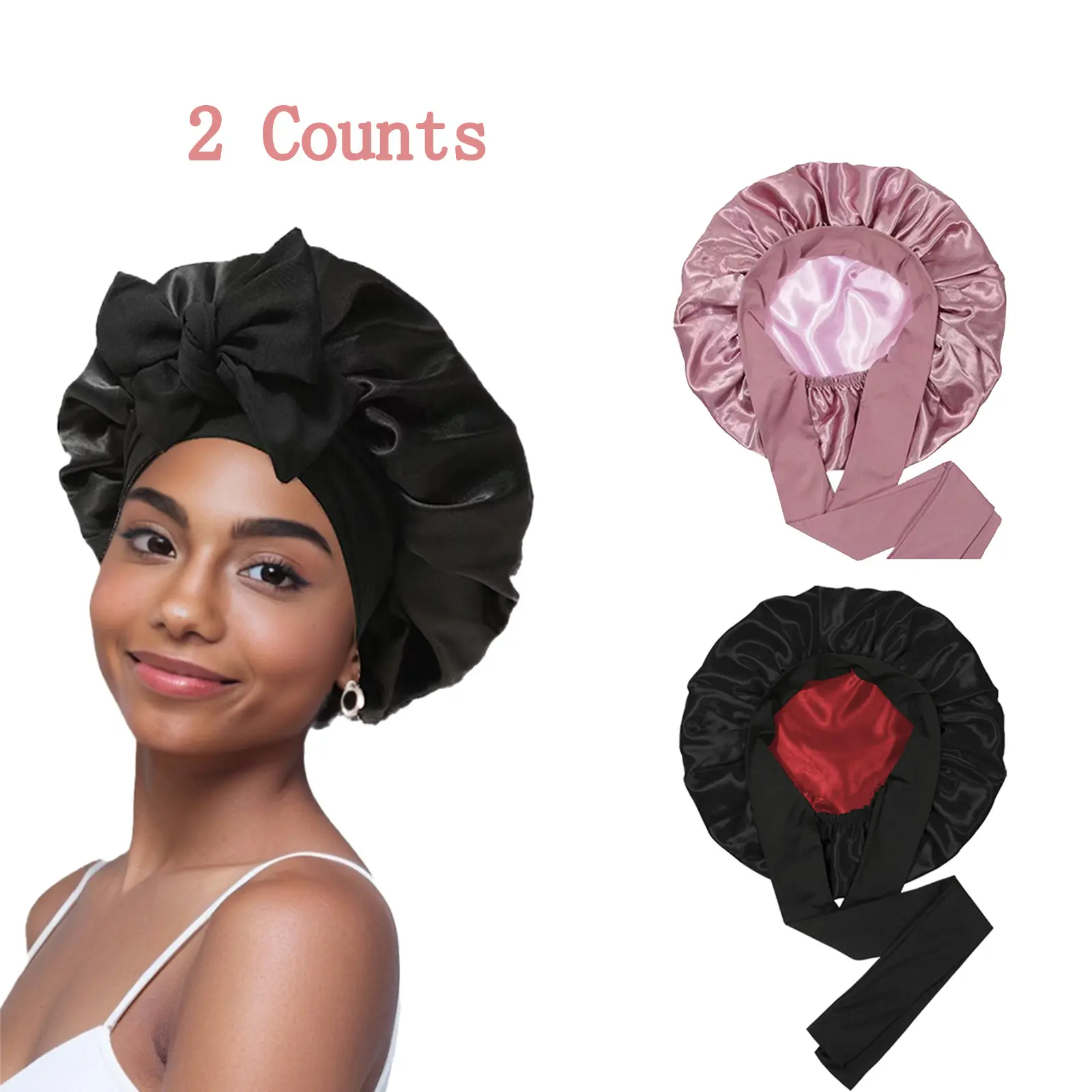 Double Layer Satin Bonnet, 2 Counts Hair Bonnet, Satin Night Sleep Hair Cap for Women, Curly & Straight Hair, Head Cover for Girls and Women, Heatless Styling Tools, Adjustable Satin summerwins