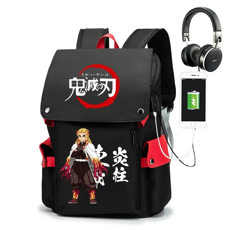 Men's Demon Slayer Large Capacity Flip Backpack - Anime Rucksack with USB Charging Port, Earphone Jack, Laptop Compatibility for Travel, School