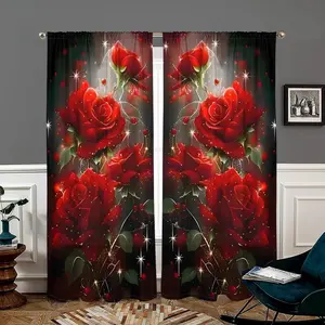 Romantic Rose Print Curtain, 2 Counts/set Star & Rose Pattern Door Curtain, Home Decoration Curtain, Home Decor for Bedroom, Living Room, Kitchen, Study Room