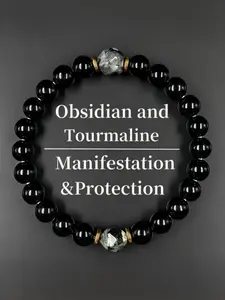Obsidian & Black Tourmaline Bracelet - Manifestation & Protection Healing Properties Crystal Beads Jewelry for Men & Women, Christmas Gift, Gifts for Mother's Day, Father's Day, Valentine's, Birthdays, Anniversary, Black Grounding Stone Beaded Bracelet