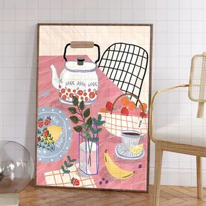 1pc Whimsical Tea Party Canvas Wall Art - Retro Aesthetic Unframed Poster with Teapot, Floral Teacups & Checkered Tablecloth