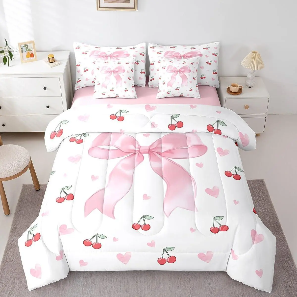 7 Pcs Pink Bow Cherry Bedding Set for Girls,Red Cherries Bow Comforter Set with Sheets Ribbon Coquette Bed in A Bag with Flat and Fitted Sheet Princess Cute Aesthetic Room Decor