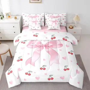 7 Pcs Pink Bow Cherry Bedding Set for Girls,Red Cherries Bow Comforter Set with Sheets Ribbon Coquette Bed in A Bag with Flat and Fitted Sheet Princess Cute Aesthetic Room Decor