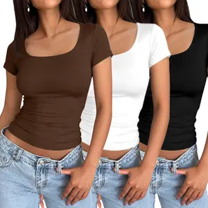 AUTOMET Women's 3 Pack short Sleeve Crop Tops Slim Fit Y2K Fashion Basic Layering Shirts Haze Blue White Black Minimalist Casual Korean Style Everyday Womenswear Short - Summer SpringStatements