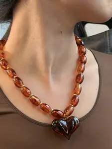 Fashion Bohemian Acrylic Beaded Heart Pendant Necklace, Women's Daily Wear Holiday Accessory, Versatile Jewelry for Ladies