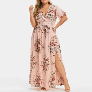 Plus Size Wedding Guest Maxi Dress for Curvy Women, Summer Casual Floral Empire Waist 3/4 Sleeve Long Cocktail Dress