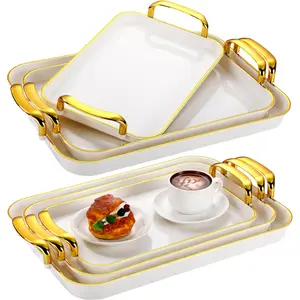 3 Pack Serving Tray with Handles, Stackable Reusable Trays for Serving Food, Plastic Serving Platters for Party, Charcuterie, Fruit, Appetizer, Cream Gold