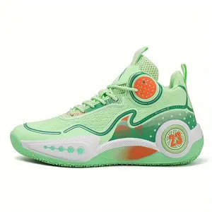 BDHJYDB Men's High-Top Basketball Sneakers in Vibrant Green with Orange Accents - Breathable Mesh Upper & Non-Slip TPR Sole, Comfortable Lace-Up Sneakers for All Seasons