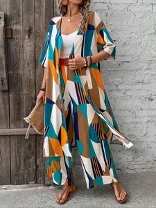 Fashion Women's 2-Piece Set, Geometric Print Mid-Length Cardigan and Straight Leg Pants, Casual Summer, Stylish and Comfortable
