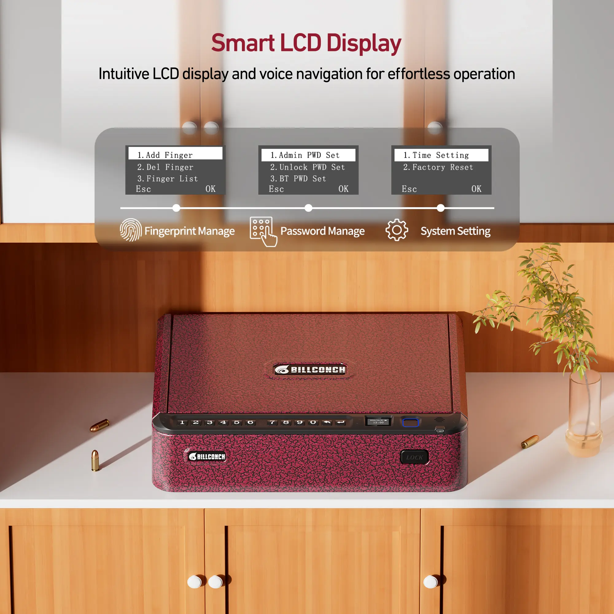 BILLCONCH Smart Gun Safe with Fingerprint, App, Keypad,Pincode,LCD& Security Cable | Handgun Safe with 4 Quick-Access Methods, Voice Guidance, Built-in LED Light, Ideal for Nightstand, Bedside and Home,Back to School