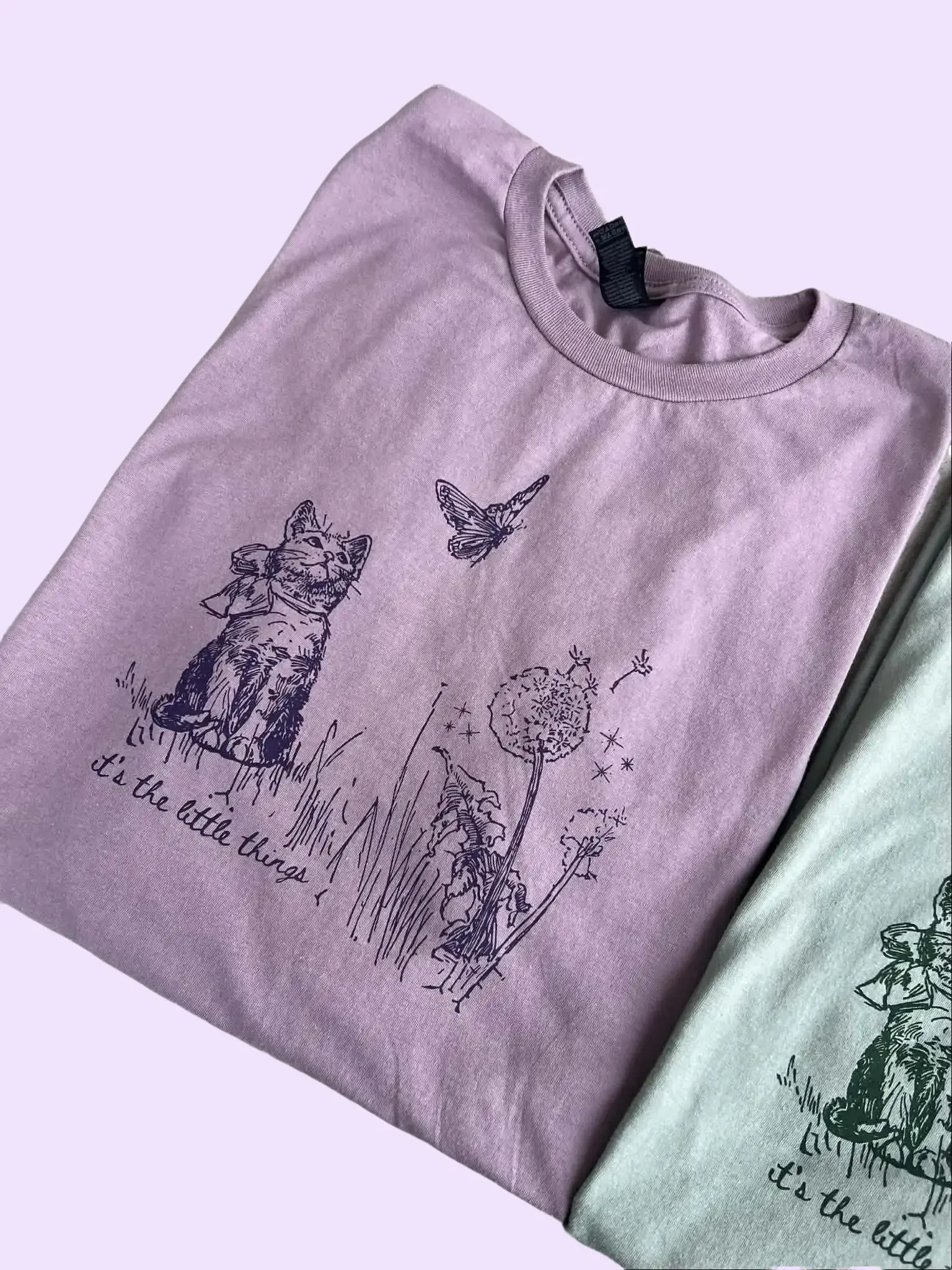 Sage Green or Paragon Little Things T-Shirt - Lightweight Cute Cat & Nature Casual Trendy Tee