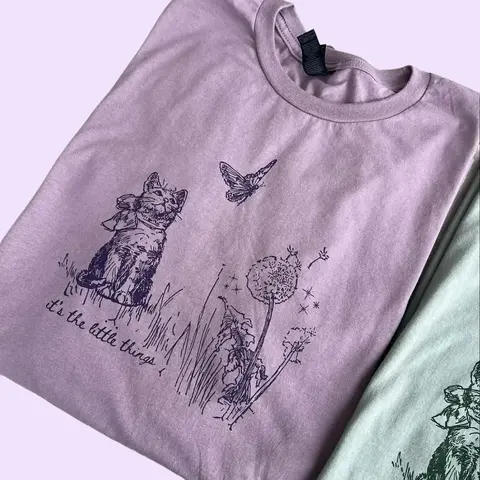 Sage Green or Paragon Little Things T-Shirt - Lightweight Cute Cat & Nature Casual Trendy Tee