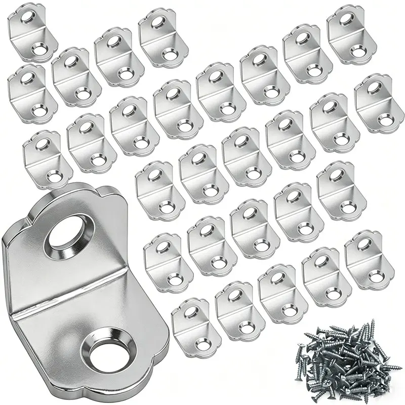 Silver Color 30pcs L-Type Corner Brackets Set, Stainless Steel 90 Degree Right Angle, Wood Furniture Drawer Cabinet Hardware
