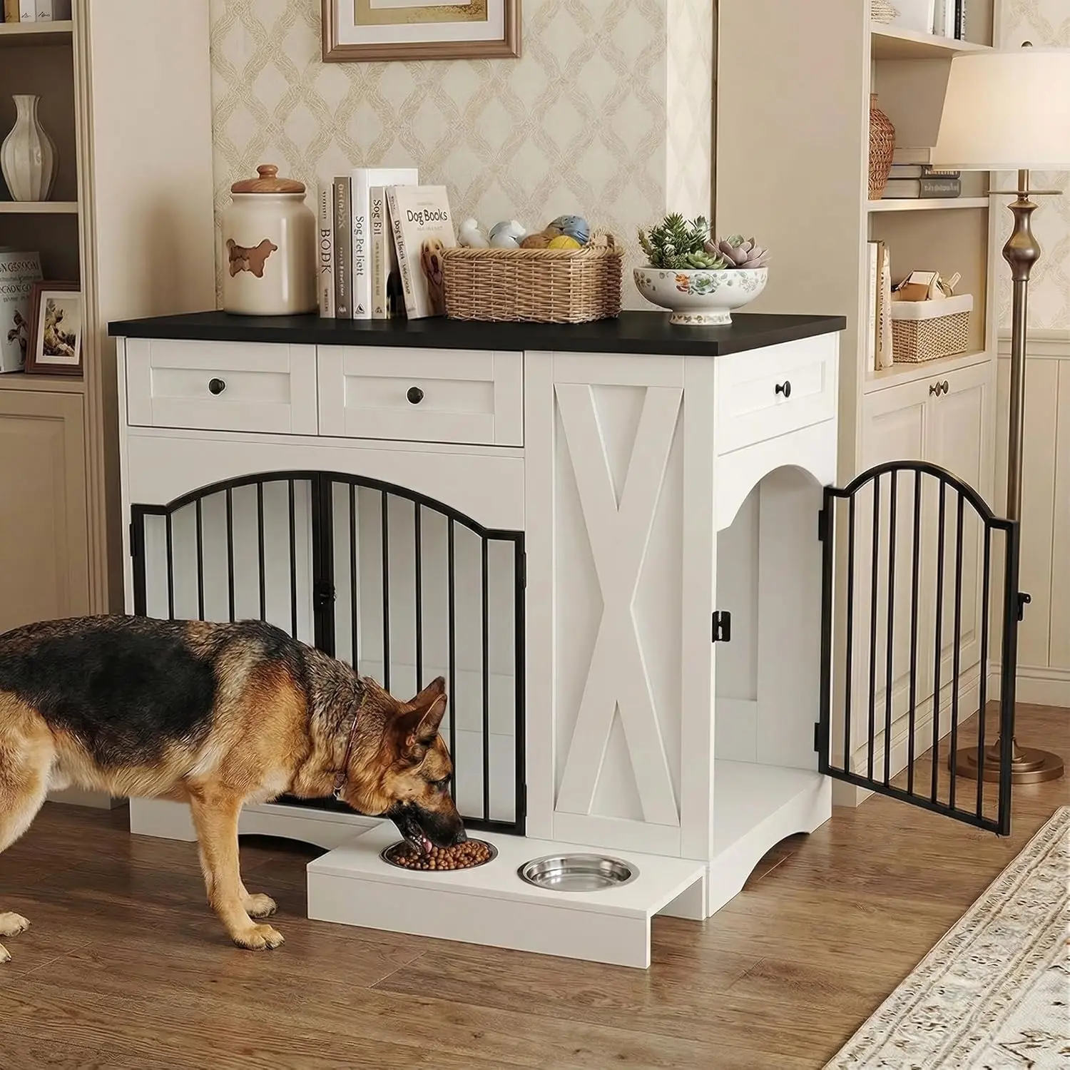 Furniture-Style Large Dog Crate with Drawers, Heavy-Duty Chew-Resistant Wooden Dog Kennel End Table with Removable Feeder and Double Doors for Large Dogs (41–70 lbs) house folding walnut brown