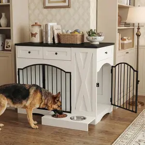 Furniture-Style Large Dog Crate with Drawers, Heavy-Duty Chew-Resistant Wooden Dog Kennel End Table with Removable Feeder and Double Doors for Large Dogs (41–70 lbs) house folding walnut brown