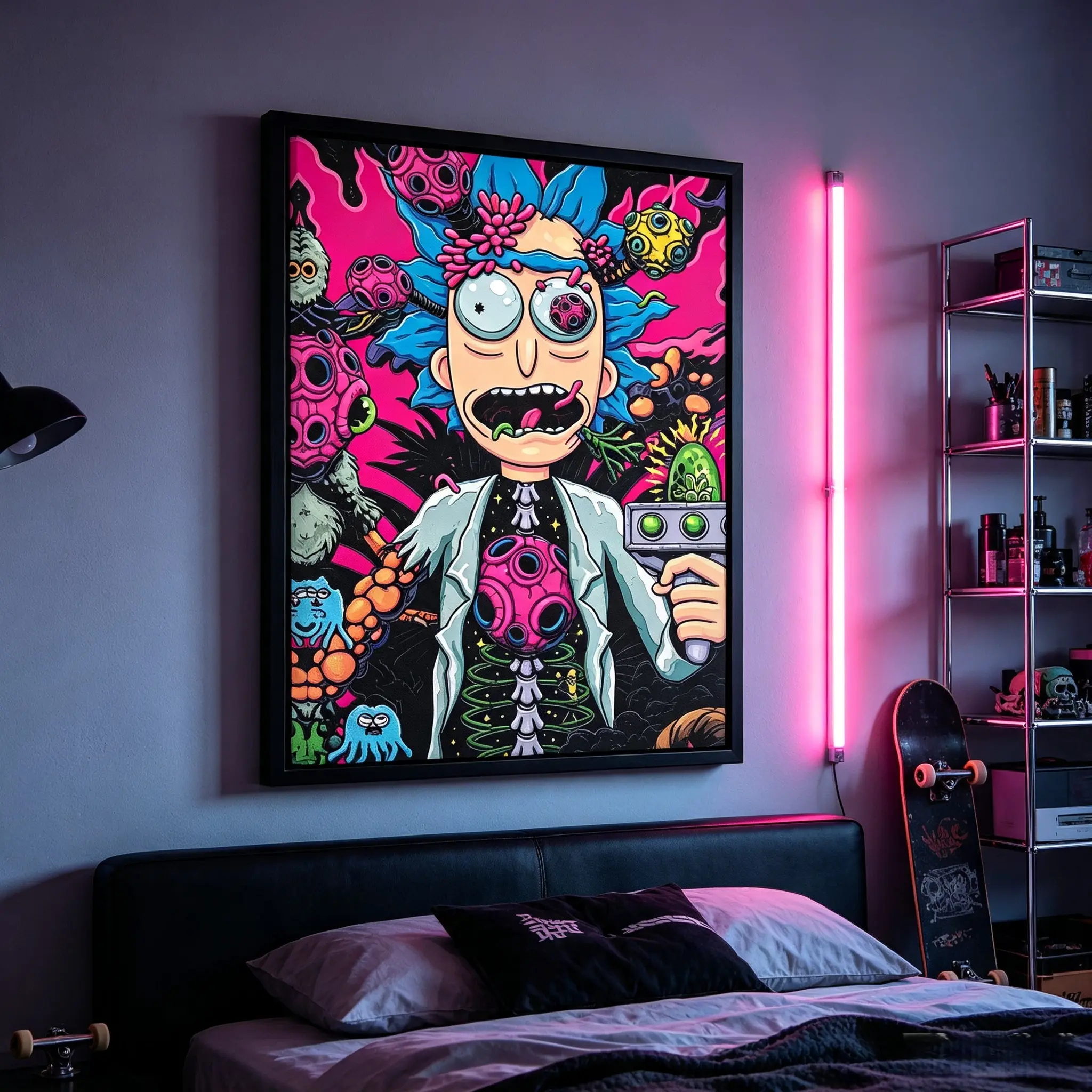 Rick-Inspired Framed Ready Alien Surrealism Canvas Wall Artwork, Vibrant Pink Psychedelic Cartoon Portrait Graffiti Painting, Cool Room Decor for Gaming Room, Mia Wallace & Anime Fan Gift