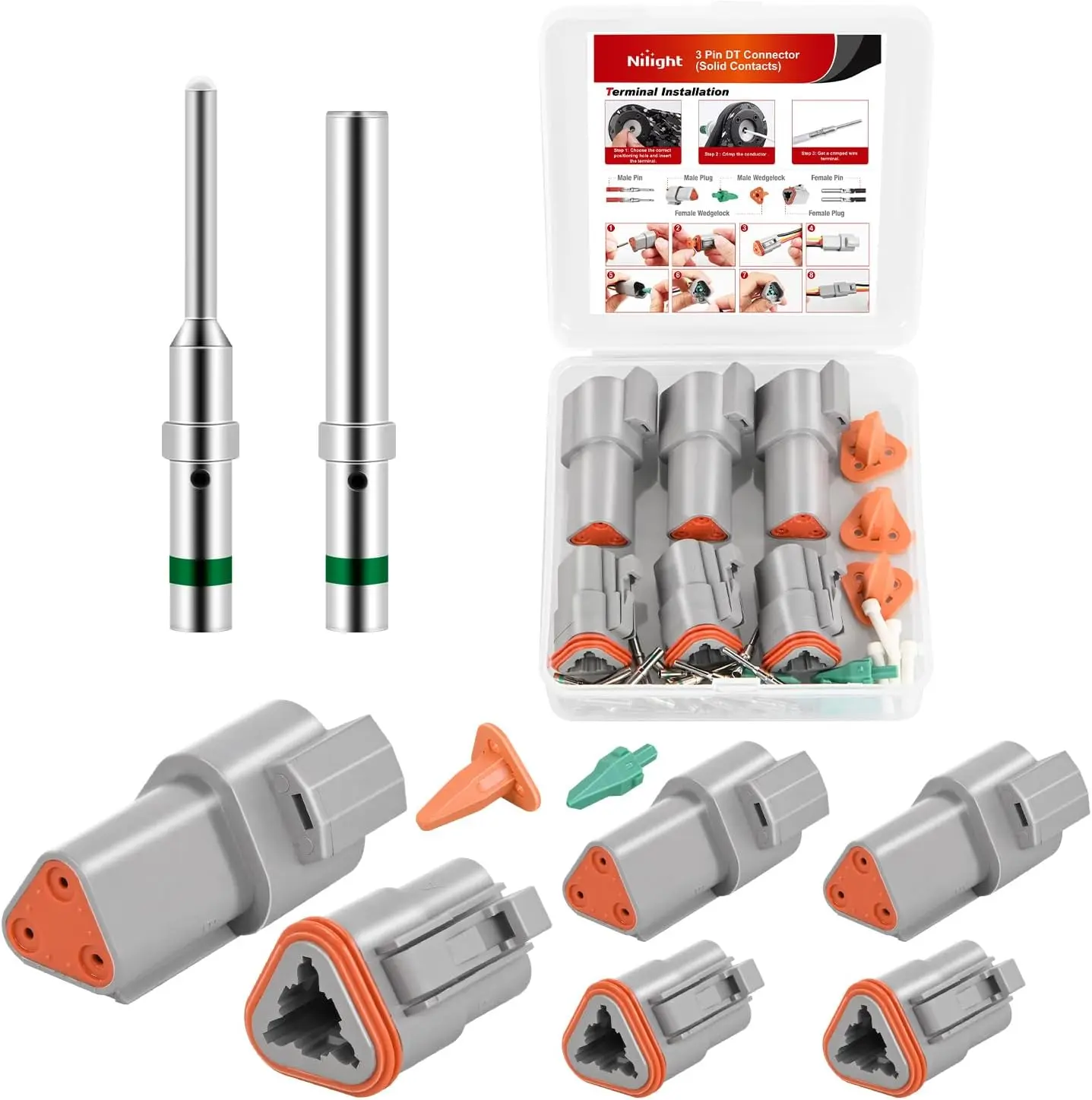Nilight 3-Pin DT Connector Kit, 3 Sets of Size 16 Solid Snap-On Contacts, PA66 Nylon IP67 Waterproof Seal Male-Female Terminals for 14-20 AWG DT Series, Durable for Car & Truck Applications, Boat, 3 Sets 3-Pin Connectors