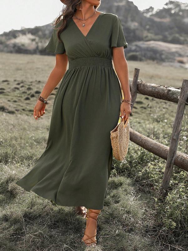 Plus Size Women's Waist Wrap & Ruffle Sleeved Dress