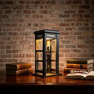 Retro telephone booth wooden night light. Vintage graffiti telephone booth decorative lamp. Desktop atmosphere desk lamp.