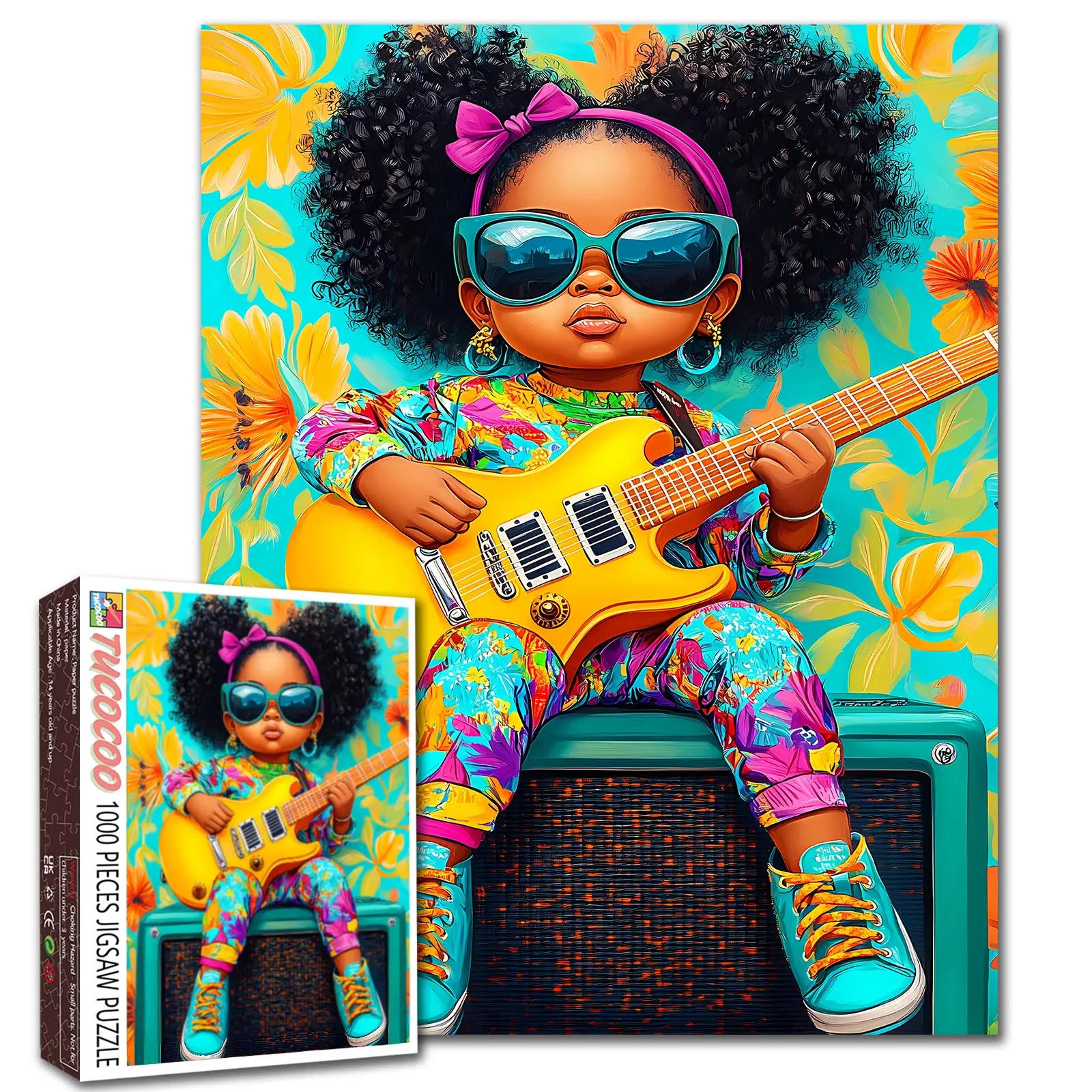 Tucocoo Funky Guitar Girl Pop Art 1000 Pieces Jigsaw Puzzle, colorful afro kid with sunglasses playing electric guitar floral background, relaxing family game, stress relief, brain challenge, wall decor art, gift for adults seniors 27.5x20inch 70x50cm