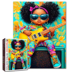 Tucocoo Funky Guitar Girl Pop Art 1000 Pieces Jigsaw Puzzle, colorful afro kid with sunglasses playing electric guitar floral background, relaxing family game, stress relief, brain challenge, wall decor art, gift for adults seniors 27.5x20inch 70x50cm