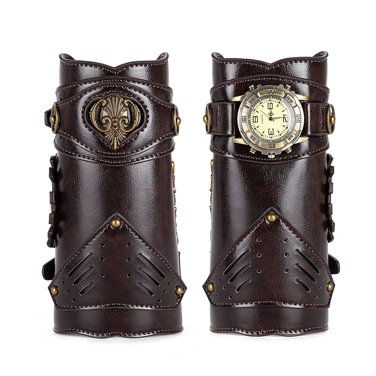 OIDEA Men's Fashion Watches, Steampunk Genuine Leather Gauntlet Bracer, Adjustable Wide Cuff with Analog Quartz Movement, Odor-Free Finish for Cosplay & Mens Gifts, Medieval Look, Adjustable Strap