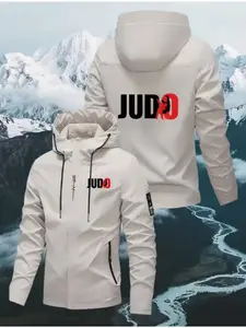Men's Judo Theme Graphic Hooded Jacket, Blue Casual Windproof Coat, Daily Wear, Sporty Style, Easy Care, Slim Fit, Spring & Fall