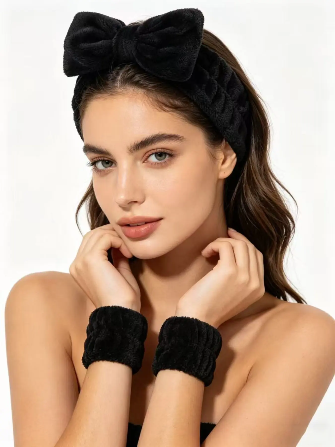 3pcs Leopard Girls Sponge Spa Headband Wristbands Hair Accessories Hairbands Set For Party Gifts ,Daily Use, Wash Face, Makeup Use Lady Mom  Black Color Bow Headbands