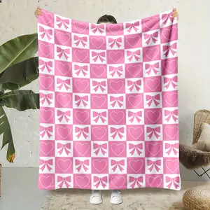 Pink Heart Bow Checkered Pattern Flannel Blanket, 1 Count Soft Warm Throw Blanket, Air-conditioned Room Blanket, Warm Nap Blanket for Home Office Travel