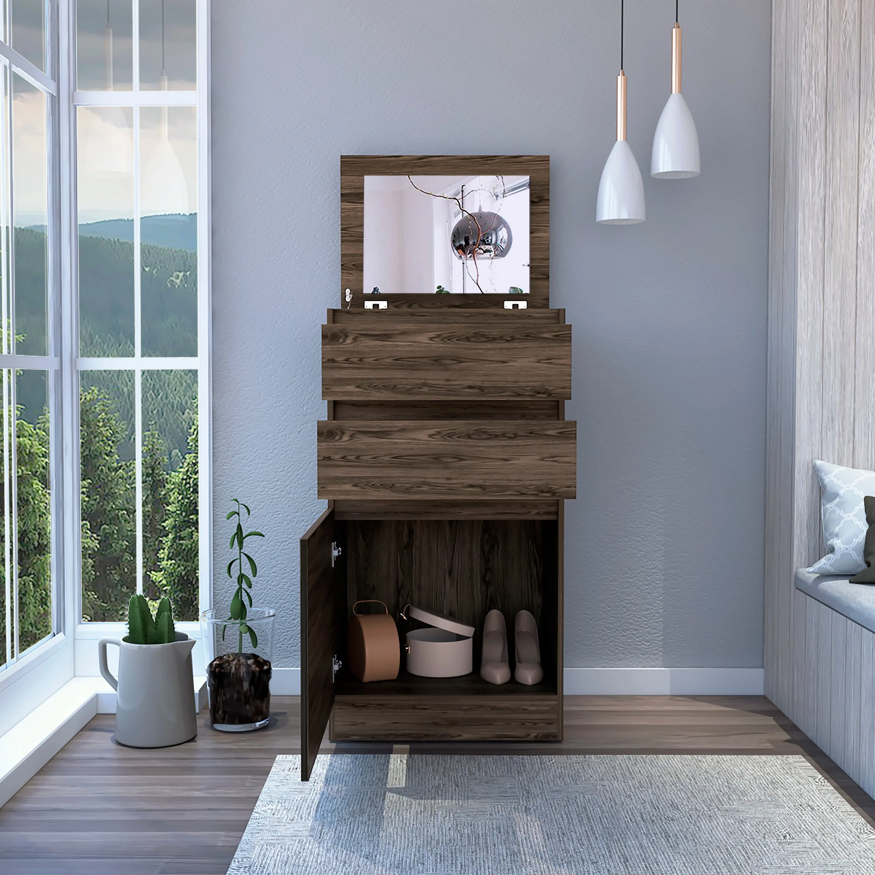 Dreamzon furniture DEPOT E-SHOP Diamond Dresser, Jewelry Box, Mirror, Single Door Cabinet, Two Drawers, Dark Walnut