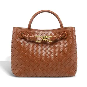 Women's Handbag - Brown Woven Design with Gold Accents and Durable Handles