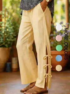 Cotton Linen Loose Fit Solid Color Elastic Waist Side Slit Tie Belt Casual Pants, Comfortable and Stylish Design, Perfect for Daily Wear